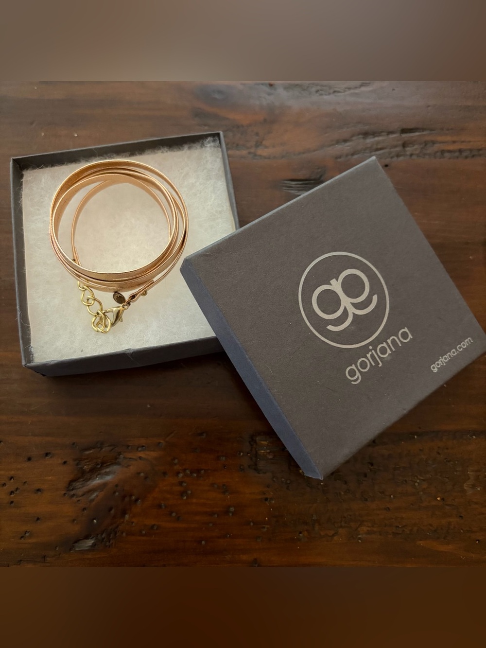 Gorjana Graham Metallic Rose Gold Leather Wrap Bracelet Gold Chain in Box